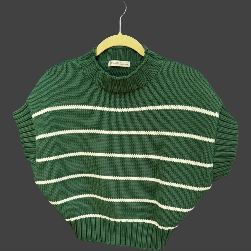 Zenana Outfitters Forest Green and Cream Striped Turtleneck Sweater